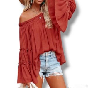 Women's small red semi sheer peasant top bell sleeves ruffles fluted sleeve NWOT